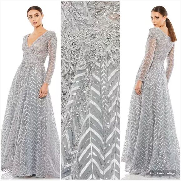 Mac Duggal 20189 Womens Illusion Long Sleeve Wrap Over Gown Dress - Picture 1 of 13